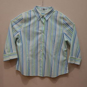 Foxcroft Blue Green White Striped ButtonDown Shirt